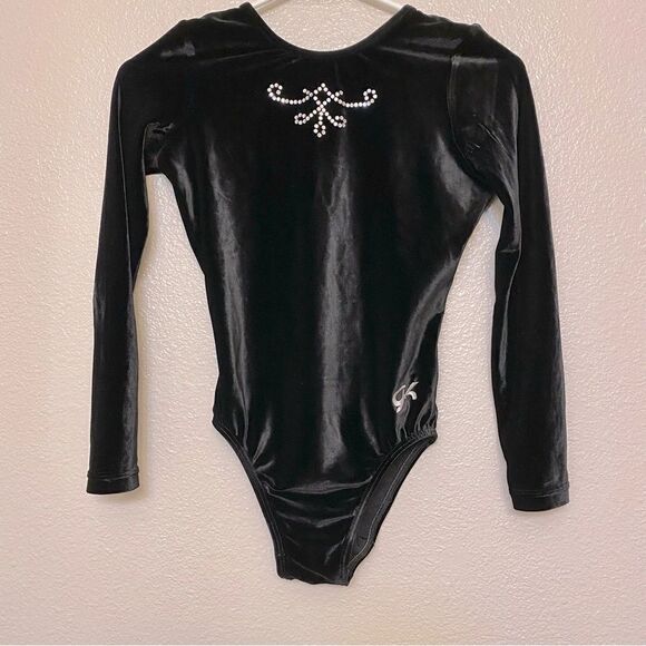 GK elite gymnastics competition leotard long sleeve black velvet rhinestone -S - Picture 1 of 9